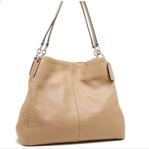 Beige COACH Madison Phoebe Large Leather Shoulder Bag with Silver Accents